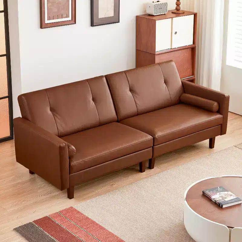 ATJafurn 86 inch Brown Tufted Leather Couch with Deep Seat, Mid Century Modern Vintage 3-Seater Sleeper Sofa Sectional Loveseat for Living Room Office