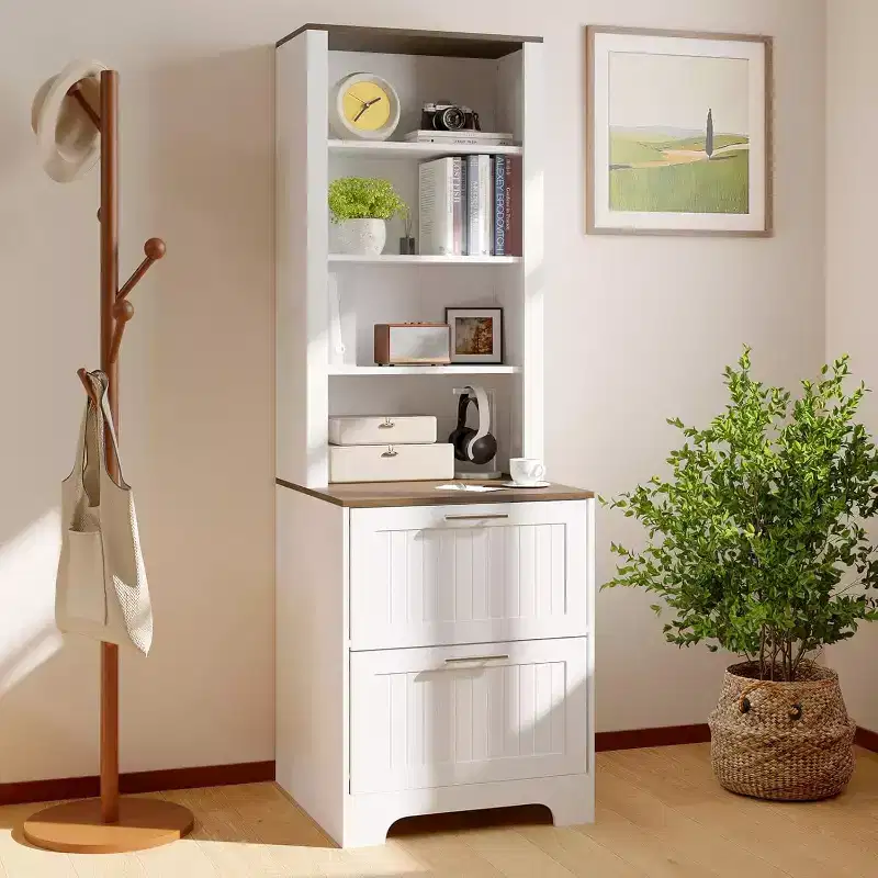 Bookcase with 2 File Drawers, 72in Tall Farmhouse Storage Cabinet Wooden Bookshelf with 2 Adjustable Shelves for Living Room Office