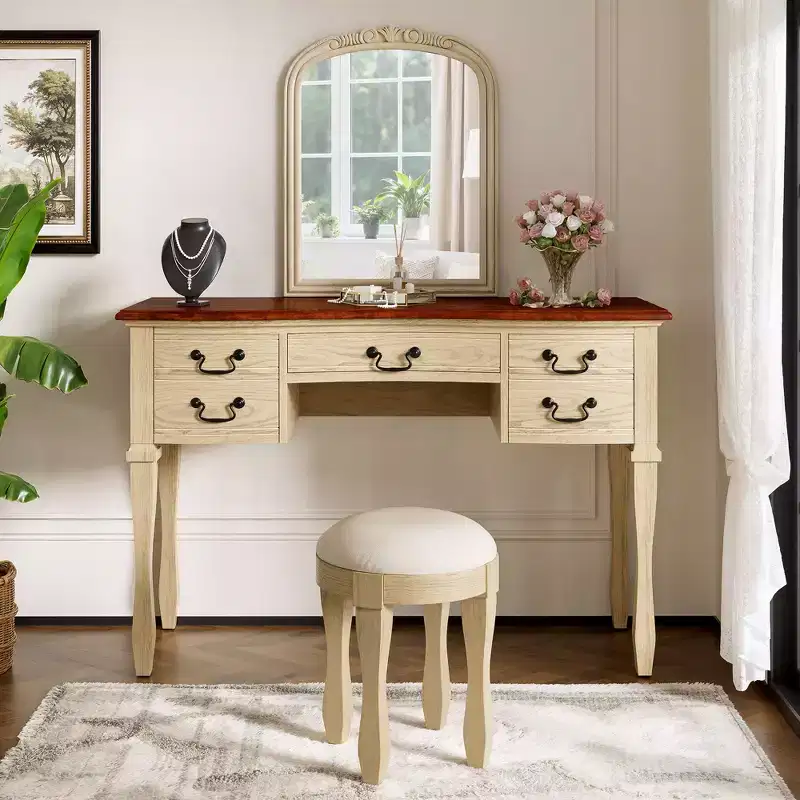 Vintage Makeup Vanity Dressing Table Vanity Desk with Curved Flower Frame Mirror, 5 Drawers & Matching Stool, Brown+Antique White