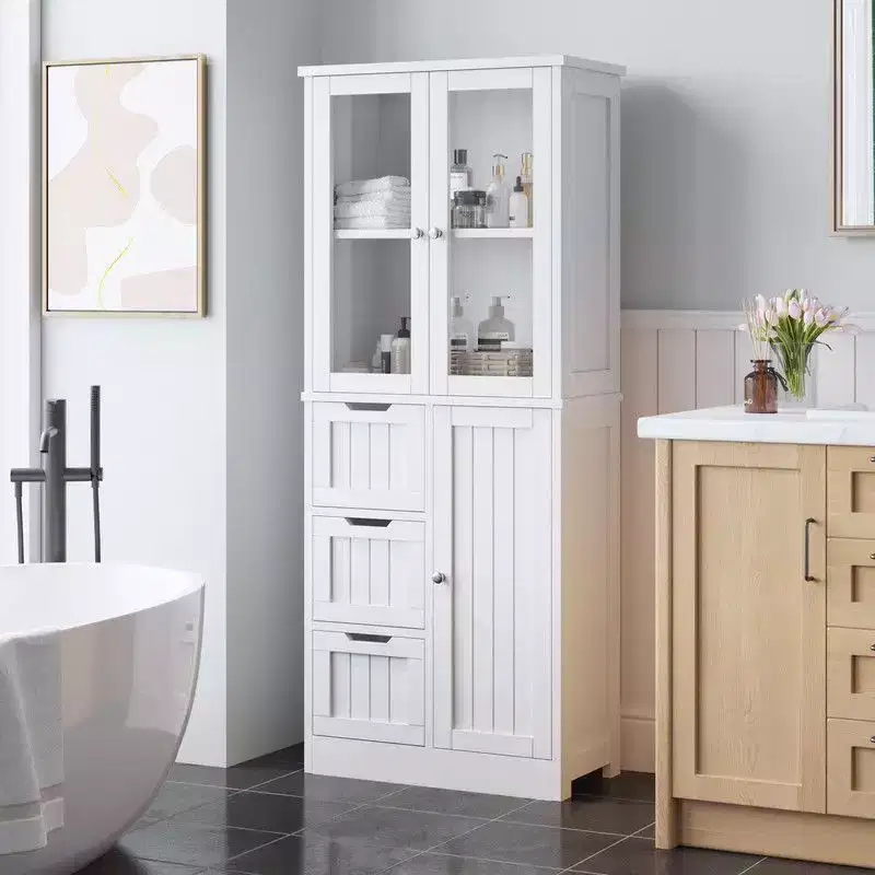 58in.H Bathroom Cabinet 3 Doors 3 Drawers 4 Tiers With Verticals Modern Style