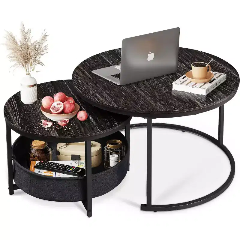 GALAXHERO Set of 2 Nesting Round Coffee Tables - 31.5 Center Tables with Storage & Metal Frame for Living Room/Apartment