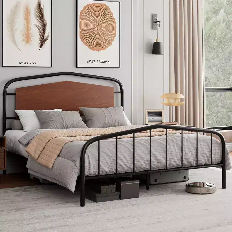 Queen Size Bed Frame, Heavy Duty Metal Platform, Wooden Headboard and Footboard, Large Under Bed Storage, Noise Free, No Box Spring Needed, Walnut