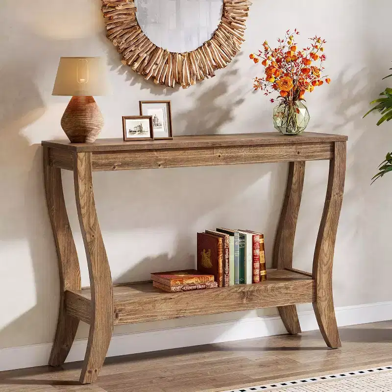Lantine Solid Wood Console Table, 41.3-Inch Farmhouse Entryway Table with Storage Shelf, 2-Tier Sofa Table for Living Room, Hallway, Foyer