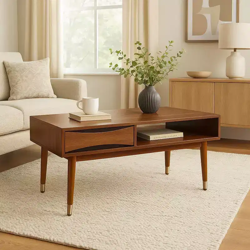 Dawson Mid-Century Modern Coffee Table with Drawer & Shelf