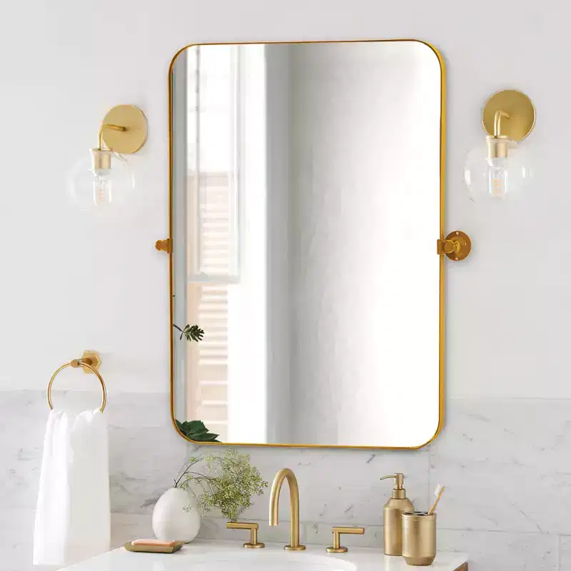 35.83x24.02x1.57in Wrought Iron Rounded Rectangle Gold Metal Hanging Mirror