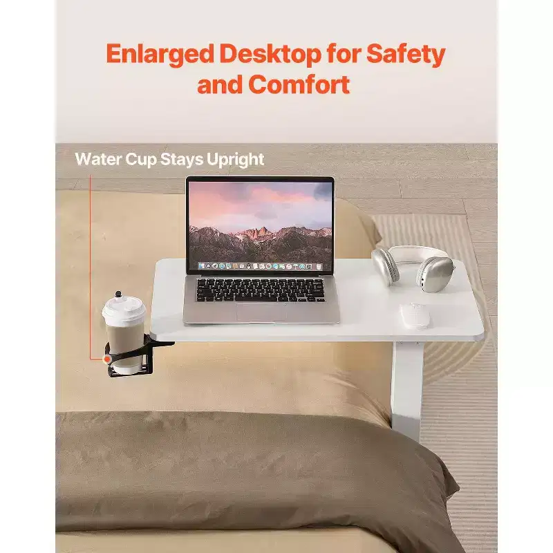 Overbed Table, Mobile Bed Side Table with Hidden Wheels, Height Adjustable Rolling Laptop Desk with Cup Holder, White