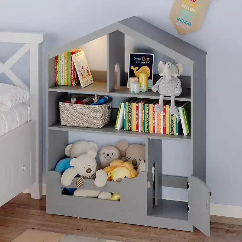 Wooden Kids Bookshelf with Toy Storage, Toddler Bookcase Featuring Motion Sensor Light, Dollhouse Design for Playroom, Bedroom, and Classroom