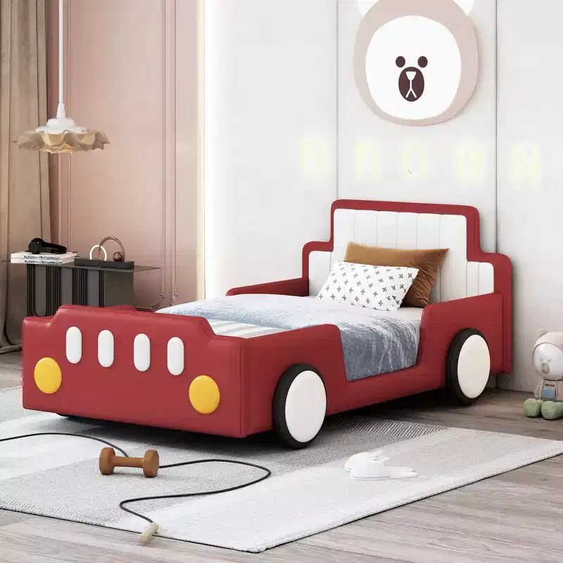 Okak Twin Platform Bed Frame with Wheels Upholstered Headboard Car-Shaped Bed with Rails for Kids Strong Wood Slats Easy Assembly