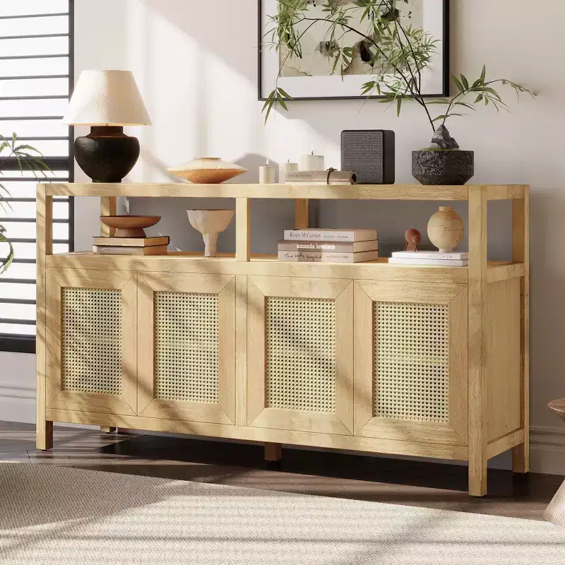 Bohemian Rattan Buffet Cabinet with Wood Frame and Push to Open Design Black