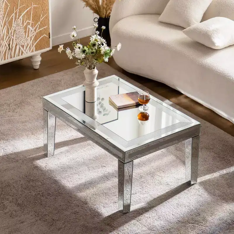 Modern Rectangle Coffee Table with Glass Mirror Top, Mirrored Finish Center Table for Living Room or Apartment - Panipeachy