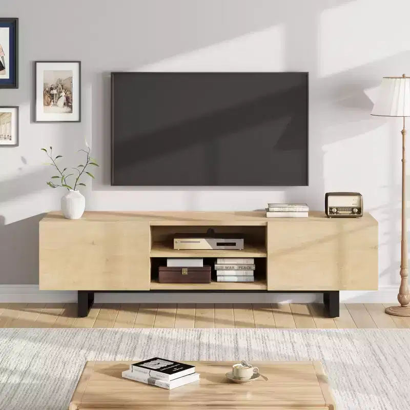 Industrial TV Stand for 80 Inch, Modern Entertainment Center with 2 Drawers, Wooden Media Cabinet