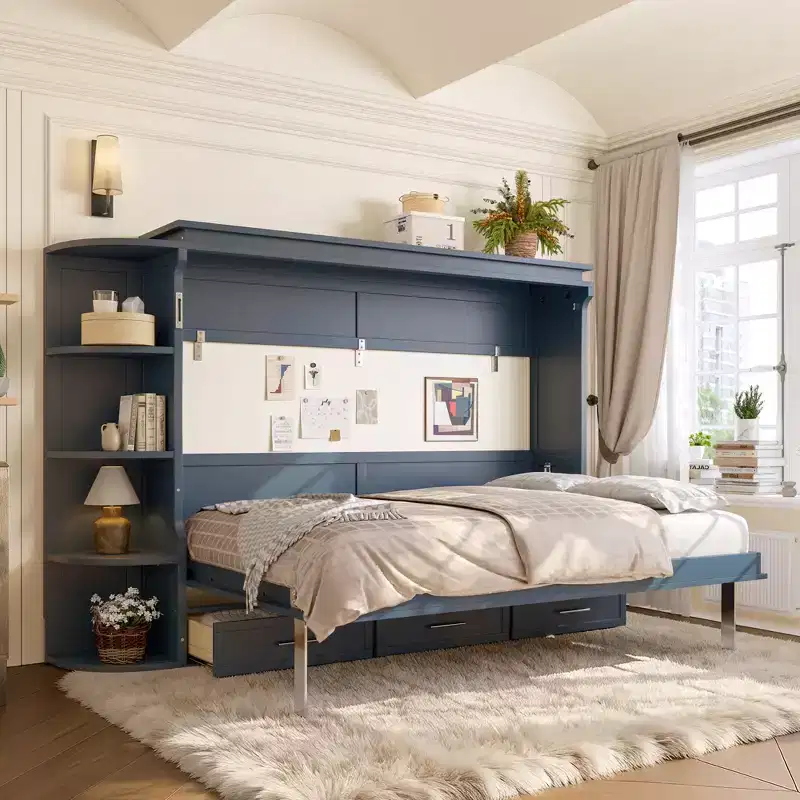 GDFStudio Rina Modern Murphy Platform Bed with Shelf, Side Cabinets and Drawers