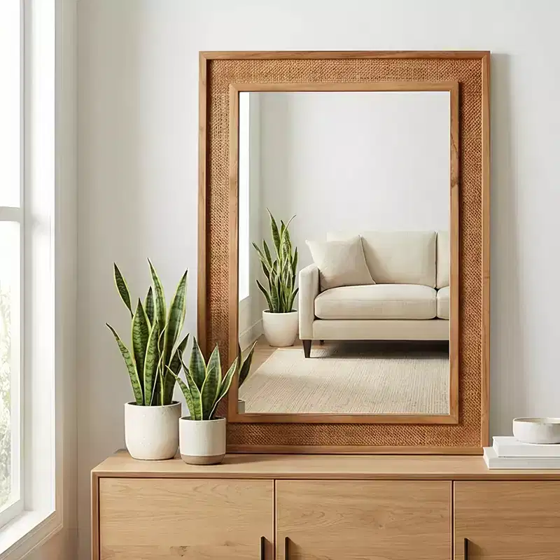 GDFStudio Brielle Farmhouse Rattan Solid Wood Decorative Wall Mirror