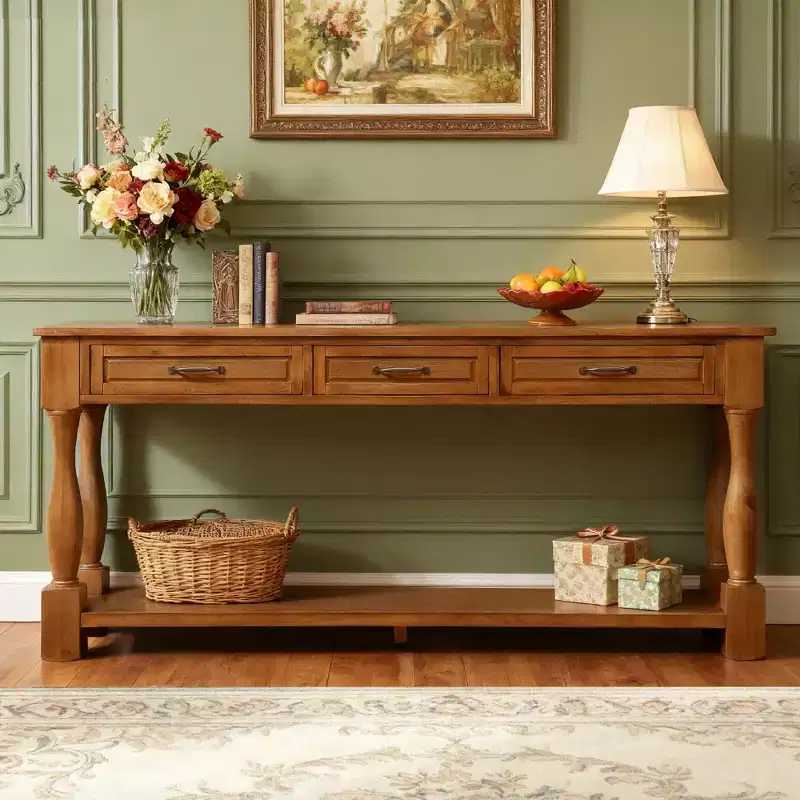 63'' Long Wood Console Table with 3 Drawers and 1 Bottom Shelf for Entryway and Hallway, Brown