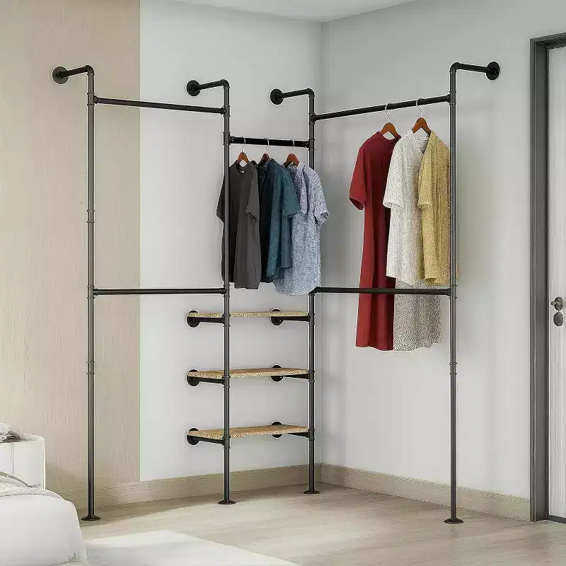 Industrial Pipe Clothing Racks with 3 Shelves, Black Wall Mounted Clothes Rack, Heavy Duty Garment Rack Closet Wardrobe Rack for Walk In Closet
