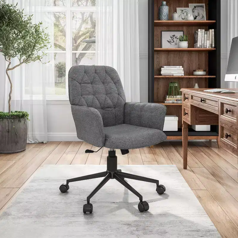 Okak Modern Home Office Desk Chair, Upholstered Tufted Vanity Chair with Arms and Wheels, 360 Swivel Chair for Reading Room, Study, Gray