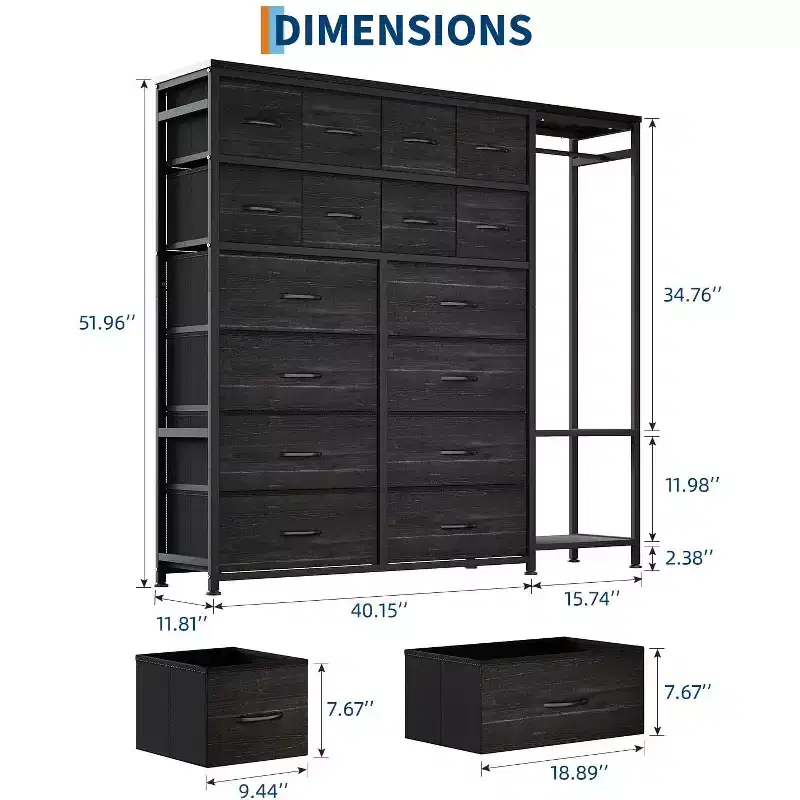 Large Clothes Storage Rack 16-Drawer & 2-Tier Shelves - Space Saving Freestanding Wardrobe for Small Bedroom