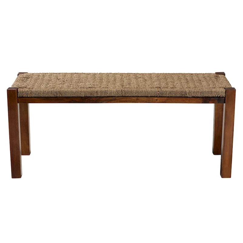 Mid-Century Transitional Bench with Woven Seagrass Seat and Mahogany Frame