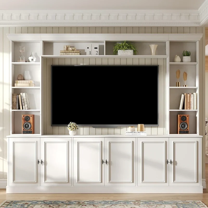 97.4W Mid-Century TV Stand with Bookshelves, Adjustable Shelf & Bridge - Entertainment Center for TVs Up to 70