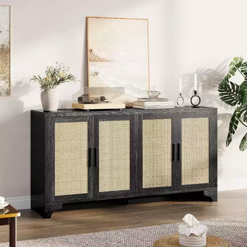 Rattan Buffet Cabinet, Small Storage with Doors and Shelves, Wooden Sideboard for Living Room, Dining Room, Kitchen, Natural Oak