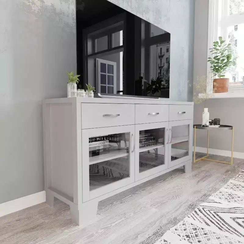 Flash Furniture Wells Modern Kitchen and Dining Room Buffet Sideboard Storage Cabinet, Engineered Wood with 3 Tempered Glass Doors and 3 Drawers