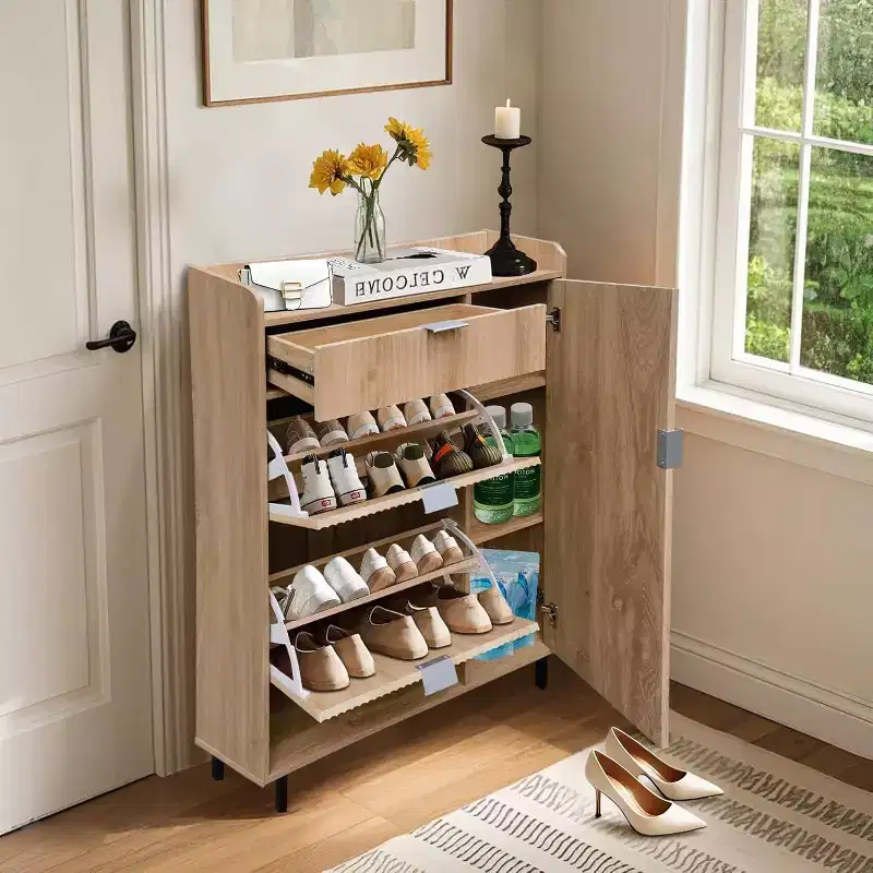 Shoe Storage Cabinet for Entryway with 3 Drawers,Narrow Wood Shoe Cabinet,Freestanding Hidden Shoe Organizer for Foyer, Hallway