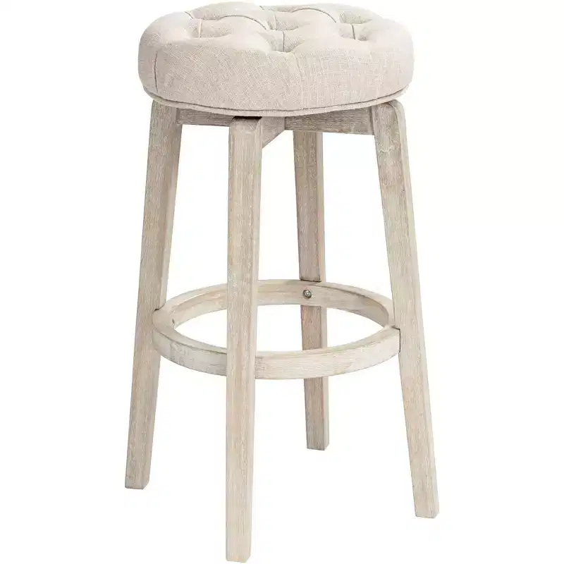 55 Downing Street Shelby White Wood Swivel Bar Stool 29 High Farmhouse Rustic Oatmeal Upholstered Cushion with Footrest for Kitchen Counter Height