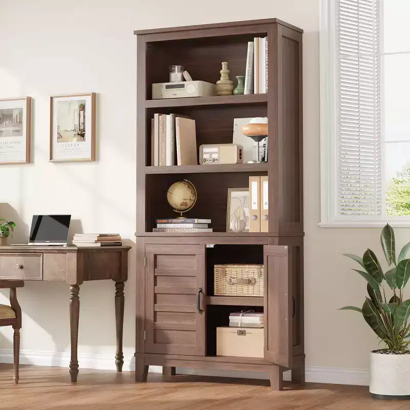 Bookcase with Door 5 Tier Storage Bookshelf Wooden Farmhouse Bookshelves Rustic Vintage Etagere Walnut Cabinet for Home Office,Living Room,Bed Room