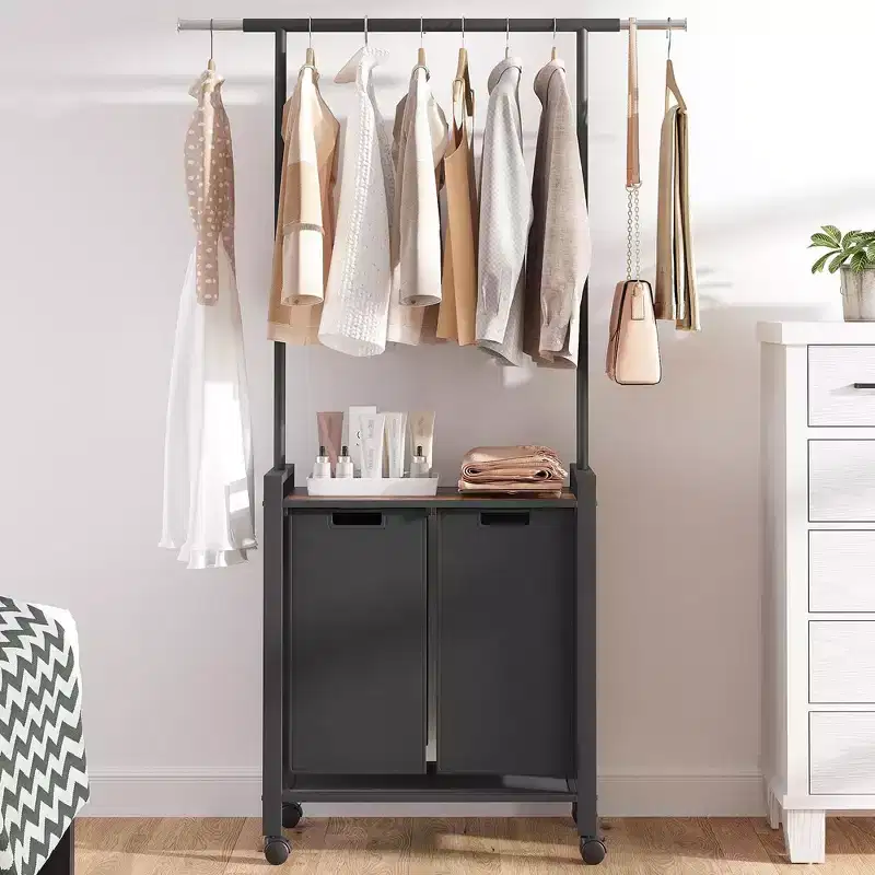 Laundry Sorter, Rolling Laundry Hamper with Hanging Rack, Laundry Hamper 3-Section with Wheels, Rustic Brown