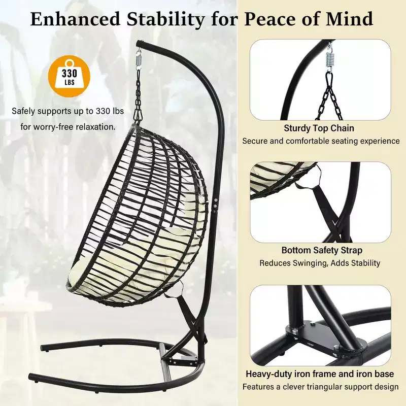 Whisen Single Person Folding Egg Chair with Stand, Hammock Swing Chair with Adjustable Anti-Slip Feet
