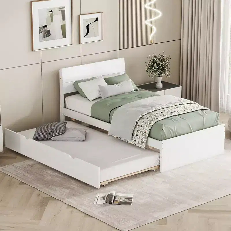 Modern Twin Bed Frame With Twin Trundle, Solid Wood Platform Bed With Headboard, No Box Spring Needed, Wooden Slats Supports, White