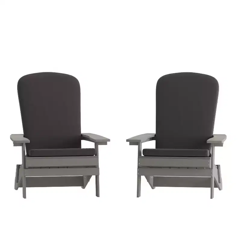 Flash Furniture Charlestown Set of 2 All-Weather Poly Resin Indoor/Outdoor Folding Adirondack Chairs with Cushions for Deck, Porch, and Patio