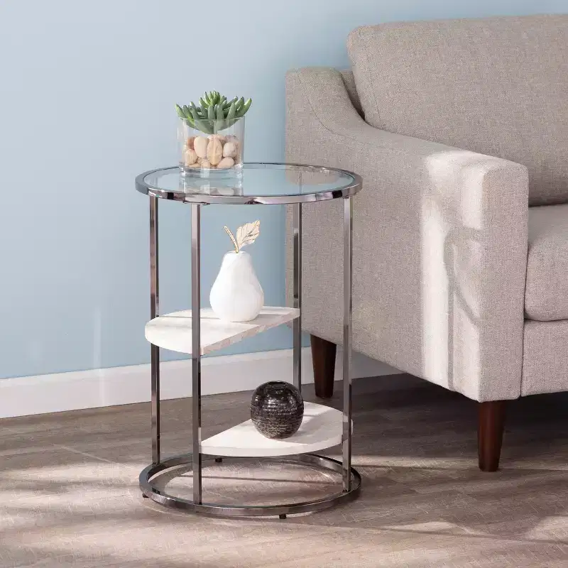 Ledermore Round Side Table with Faux Stone - Black - SEI