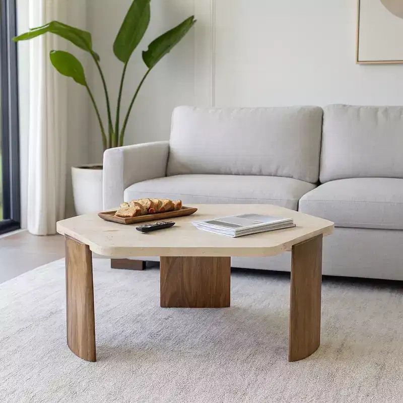 Sleek Octagon Coffee Table - Stone & Mango Wood, Brown