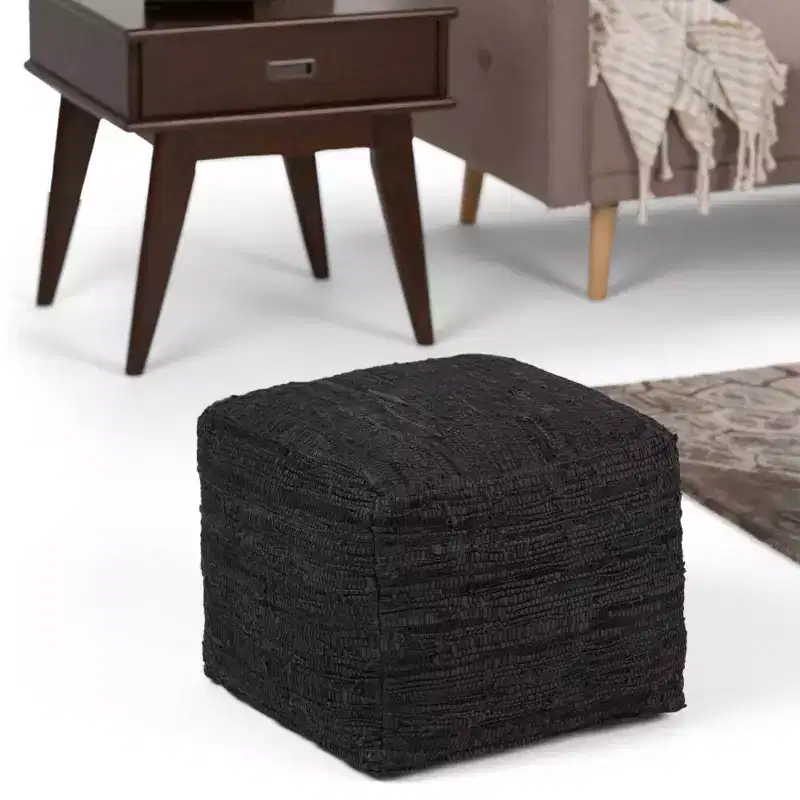Square Braided Leather Pouf Ottoman, 18