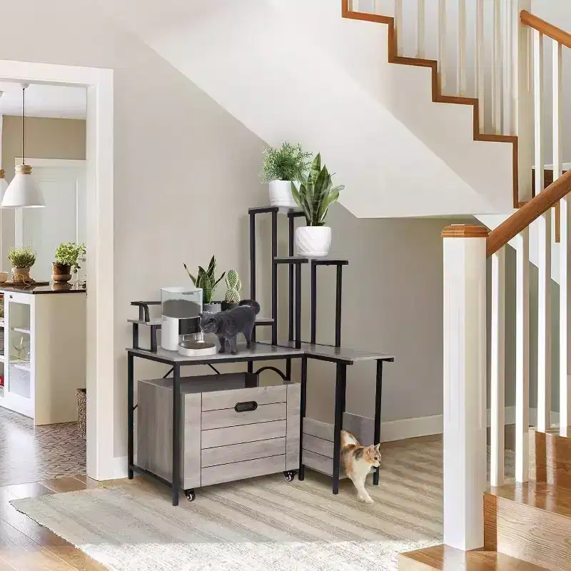 6-Shelf Cat Litter Box Enclosure with Pull-Out Tray & Mat - Hidden Wooden Litter Furniture for Corner Placement
