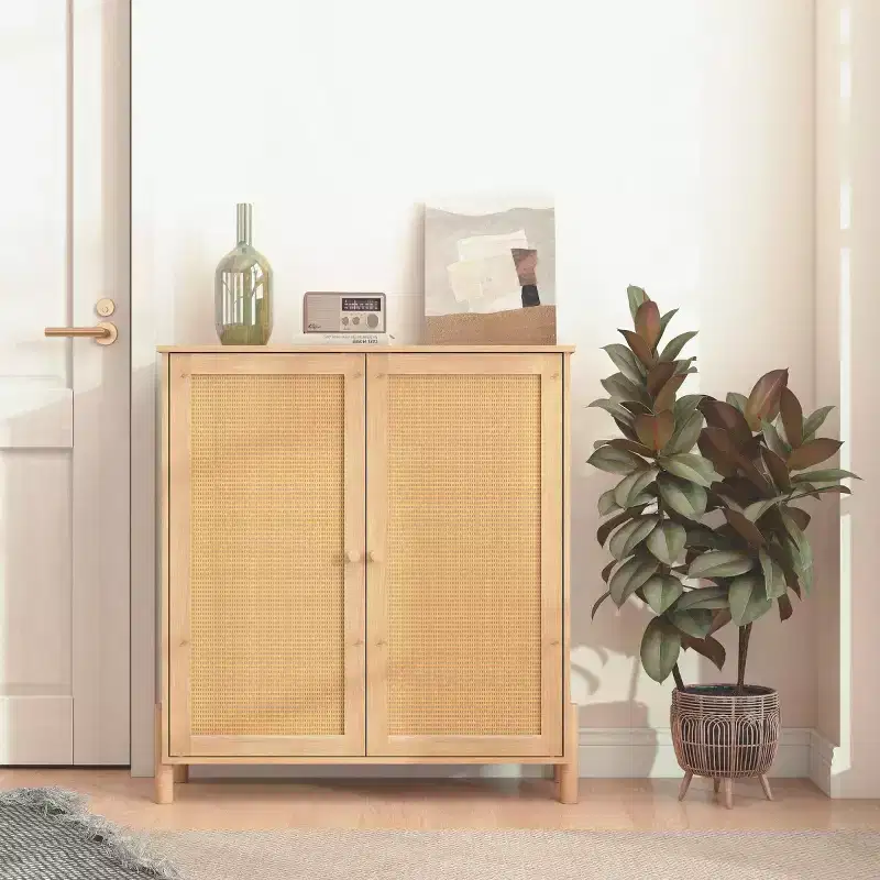 Modern Accent Cabinet with Doors and Adjustable Shelves, Mid-Century Kitchen Cabinet, Rattan Doors Storage Cabinets - Panipeachy