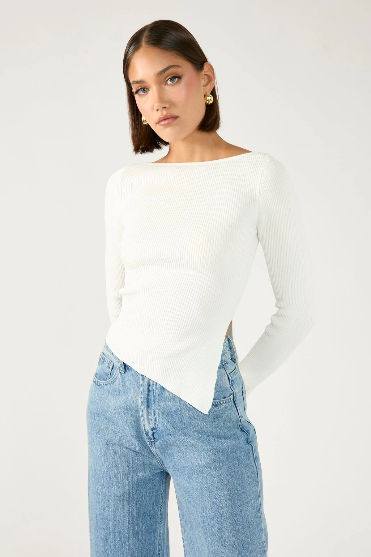 Long Sleeve Asym Rib Knit Top White