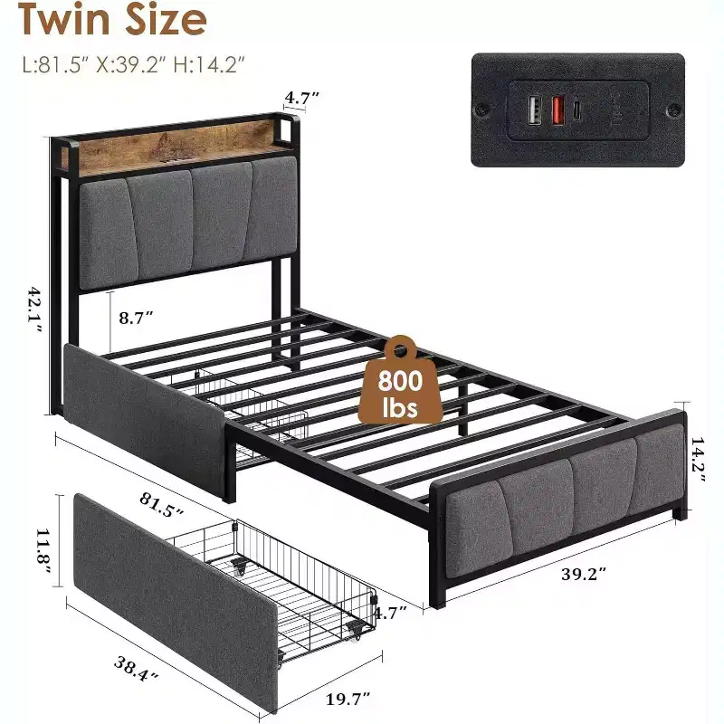 Acekool Queen Bed - Storage Headboard & Charging