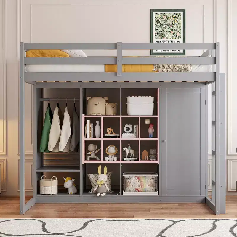 Twin/Full Size Wood Loft Bed with Wardrobe, Colorful Shelves & Cabinet, Reversible Staircase - ModernLuxe