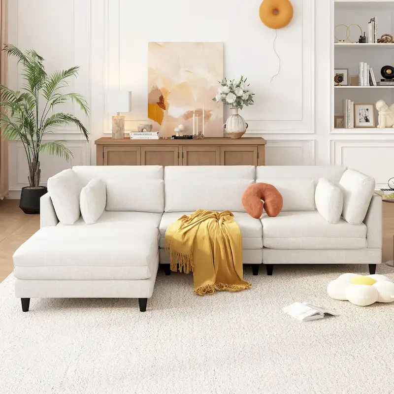 Contemporary Modular Sectional Sofa with Movable Ottoman and 5 Pillows