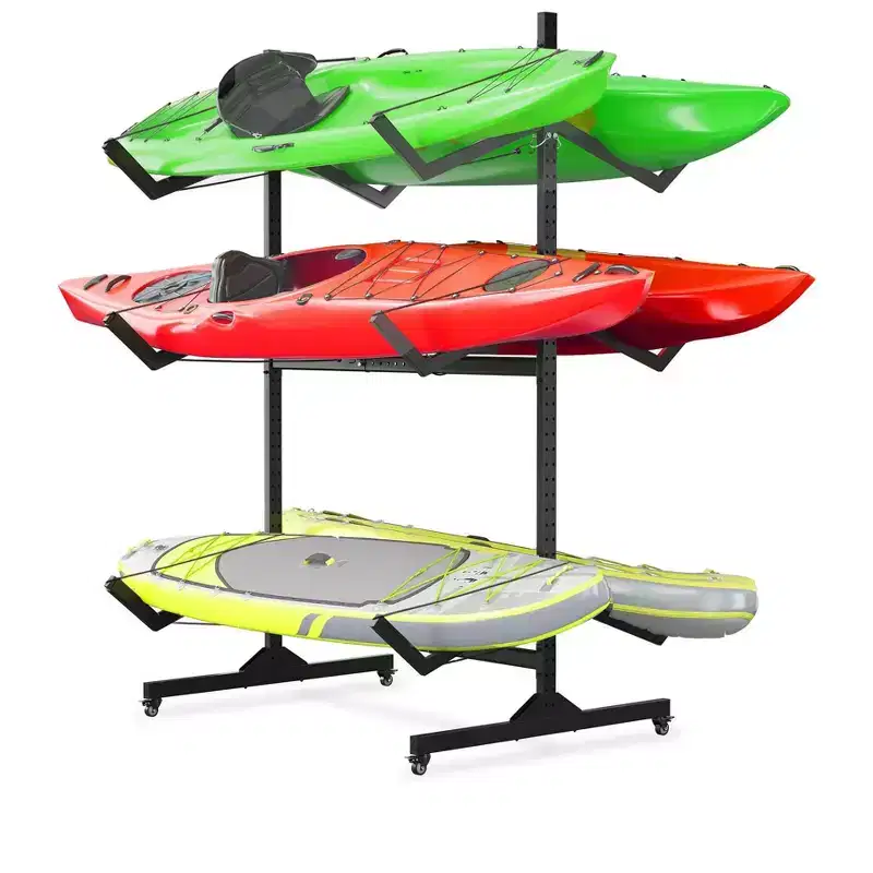 2-6 Kayak Freestanding Storage Rack - Heavy-Duty Steel Kayak Holder with Movable Wheels & Hanging Straps for Outdoor Use (Select Size, Black)