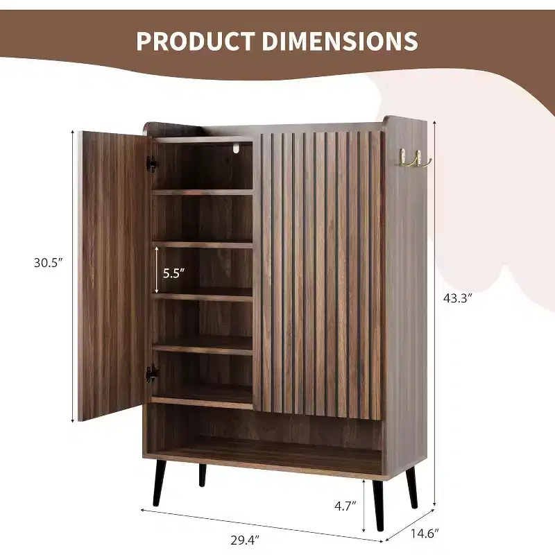 Large Shoe Cabinet with 2 Doors, 6-Tier Adjustable Shelves, Freestanding Entryway Shoe Organizer with Hooks, Brown