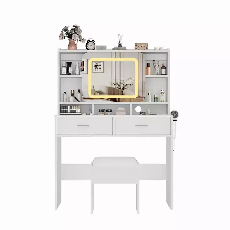 GustoWave Vanity Desk with Sliding Mirror, Makeup Desk and Stool with Lights in 3 Colors, Girls Vanity Table with Charging Station