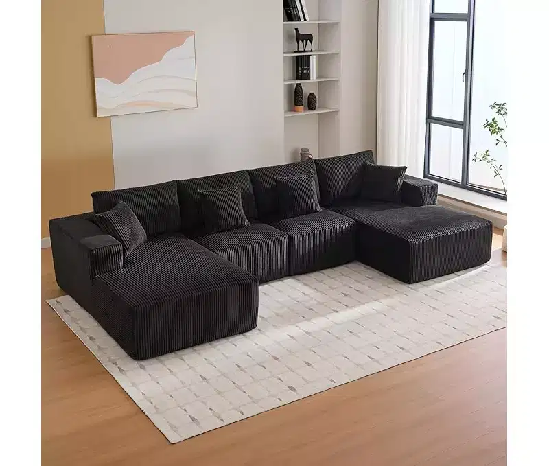 Oversized U-Shaped Modular Sectional Sofa, Modern Corduroy Upholstered Couch with Chaise, Comfy Cloud-Like Sleeper Sofa for Living Room, Black