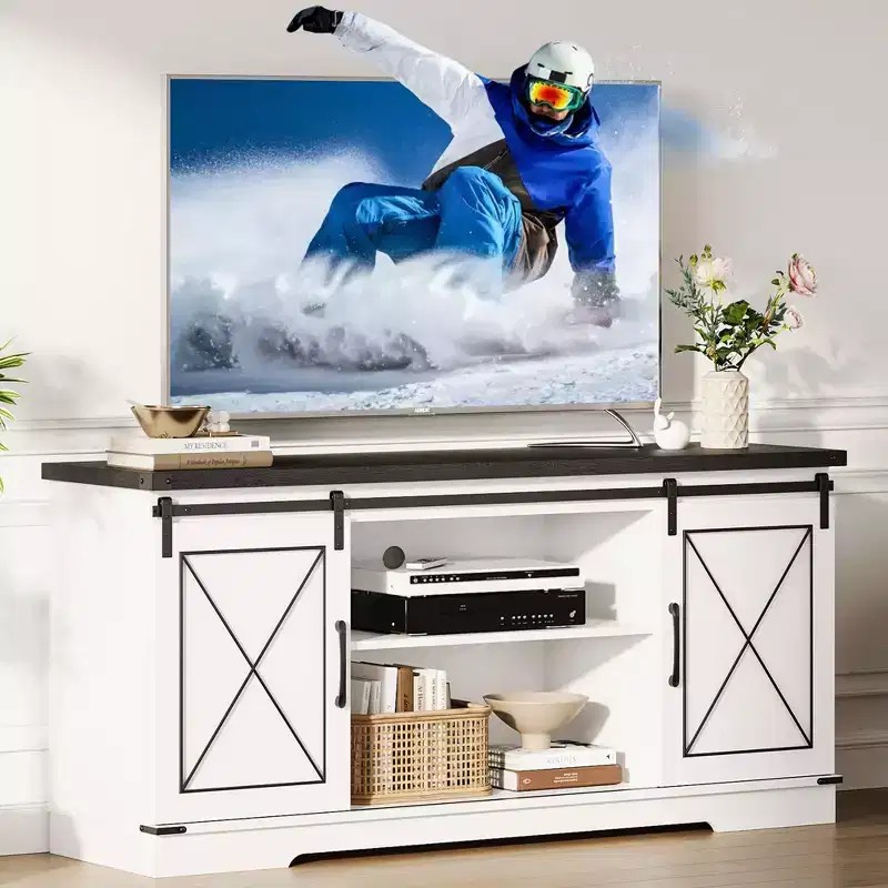 TV Stand, Entertainment Center with Sliding Barn Doors and Adjustable Shelf, Tv Media Console Table with Storage Cabinet