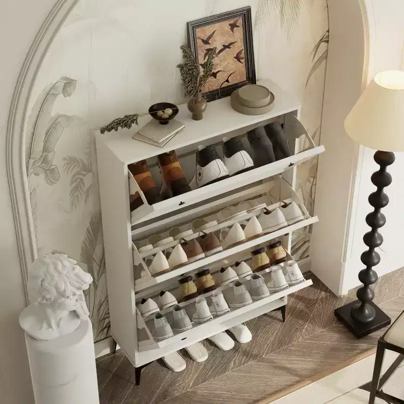 Chic Crate-Modern White Shoe Cabinet  3 Flip-Drawer | Entrance/Narrow | Hidden Design | Independent Legs