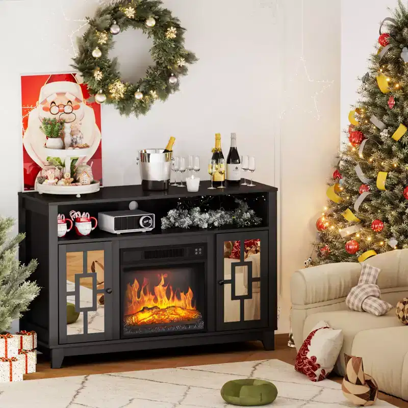 Fireplace TV Stand for 60 Inch TV, Modern Entertainment Center with Glass Door Storage Cabinet