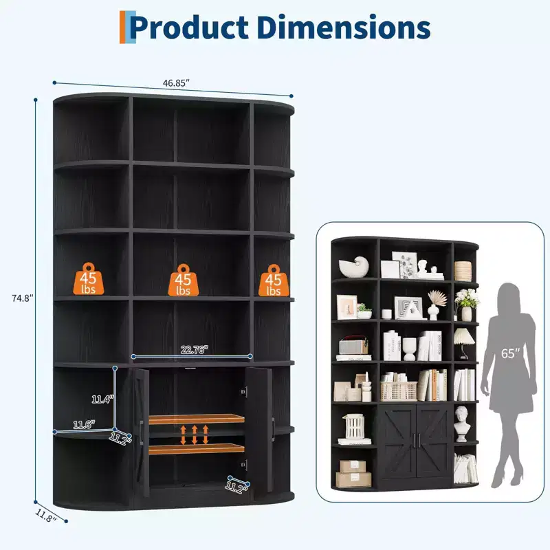 75 Tall Bookcase with Cabinet, 6 Tier Wooden Open Bookcase with Adjustable Shelf, Standing Display Storage Shelf for Home Office Living Room