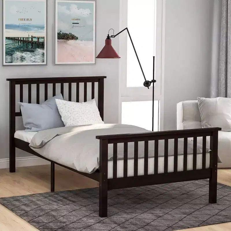 Wood Twin Size Platform Bed Frame with Headboard and Footboard for Kids Boys Girls Teens Adults